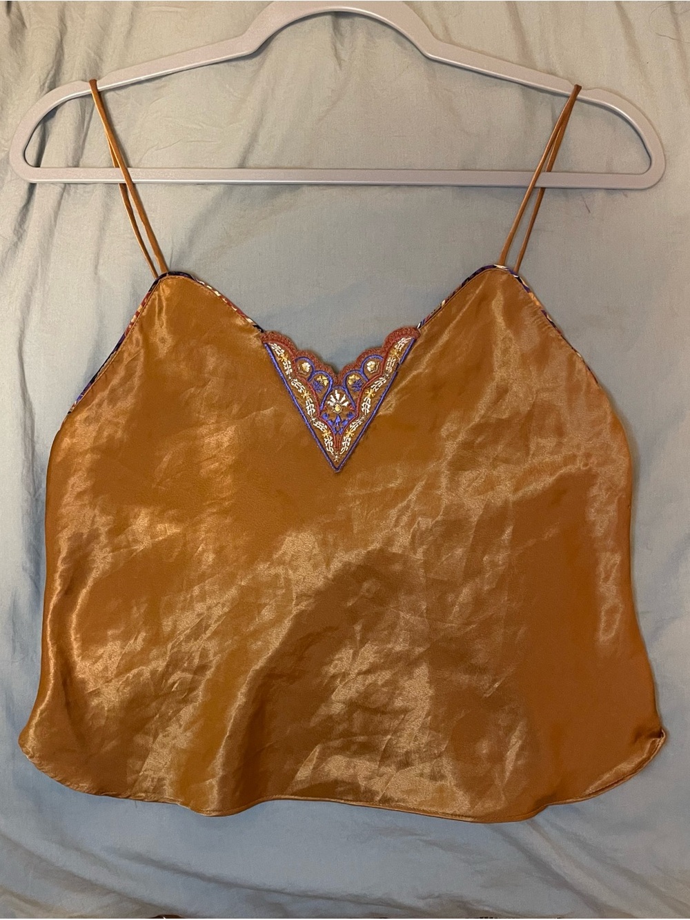 Vintage Val Mode Satin Embroidered Camisole in Gold Brown